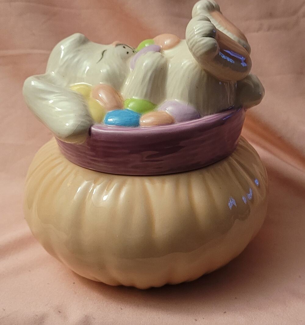 Porcelain Trinket Box w/White Sleeping Easter Bunny and Pastel Colored Eggs